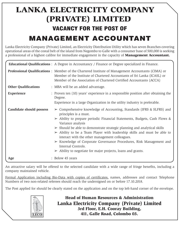 Management Accountant - Lanka Electricity Company (Private) Limited